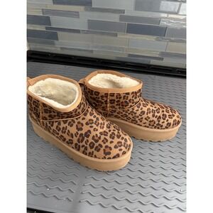 Mudd Leopard Print Platform Boots Faux Fur Lined Ankle Boots Size 7‎